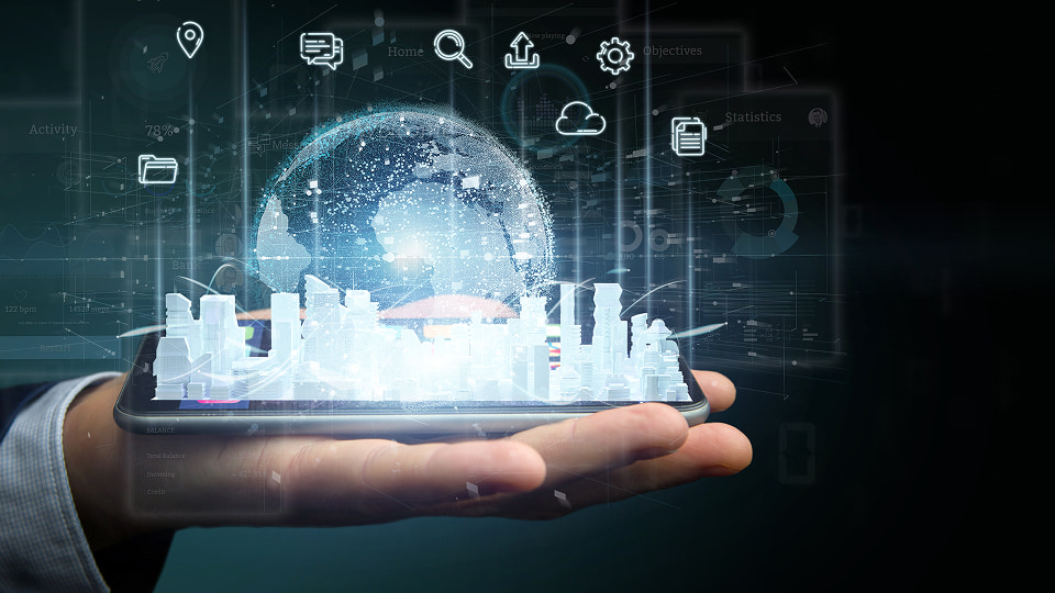 Futuristic city skyline hologram emerging from smartphone with digital globe and tech icons.