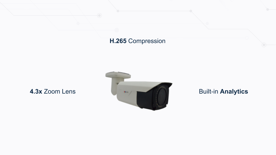 A421 8MP zoom bullet camera with face, people, and car detection, adaptive IR, and wide-angle lens, from Winncom Technologies.