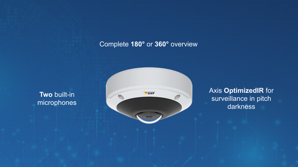 AXIS M3077-PLVE 6MP mini dome network camera with 360° panoramic view and audio detection, available from Winncom Technologies.