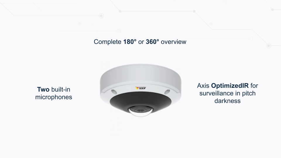 AXIS M3077-PLVE 6MP mini dome network camera with 360° panoramic view and audio detection, available from Winncom Technologies.