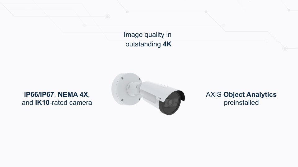 AXIS P1468-LE 6MP bullet camera with deep learning analytics, 4K imaging, and IP67 rating, available from Winncom Technologies.