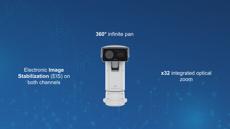 AXIS Q8752-E bispectral PTZ camera with 360° pan, thermal detection, and x32 zoom, offered by Winncom Technologies.