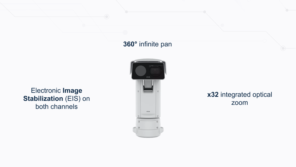 AXIS Q8752-E bispectral PTZ camera with 360° pan, thermal detection, and x32 zoom, offered by Winncom Technologies.