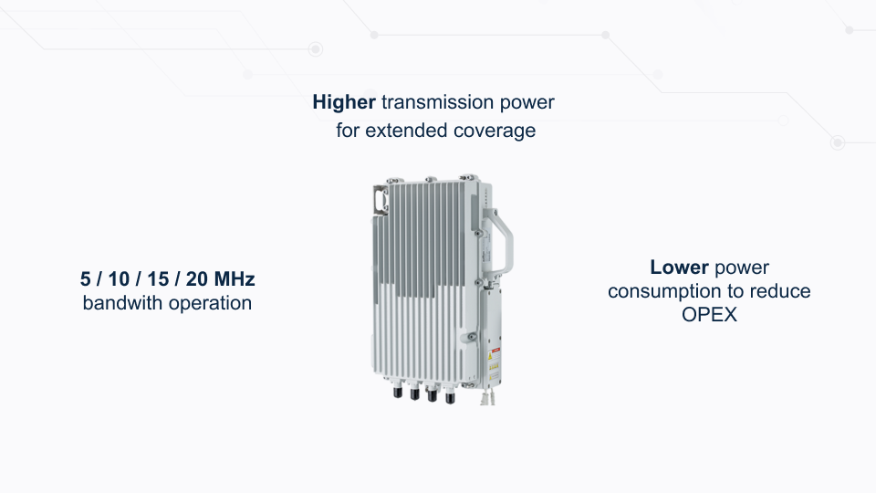 Baicells Nova-243 outdoor LTE FDD/TDD base station with 2×10W output and 2x2 MIMO, available from Winncom Technologies.