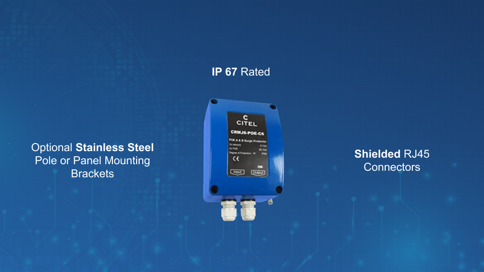 Citel CRMJ8-POE-C6 Outdoor PoE surge protector with IP67 enclosure, RJ45 ports, and hybrid protection, from Winncom Technologies.