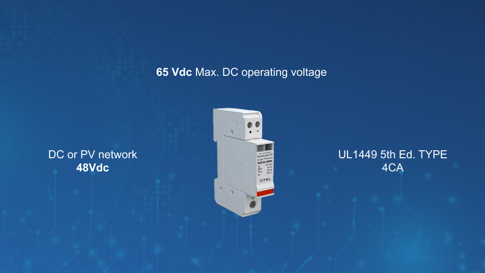 Citel DS230S-48DC 48VDC surge protector for DC power supplies with DIN rail mount, sold by Winncom Technologies.