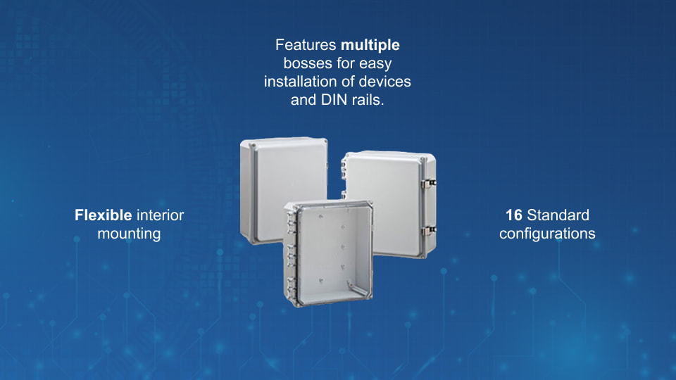 Integra 12"x10"x4" polycarbonate enclosures with hinged or non-hinged lids, stainless steel latches, and UV-resistant material | Winncom Technologies