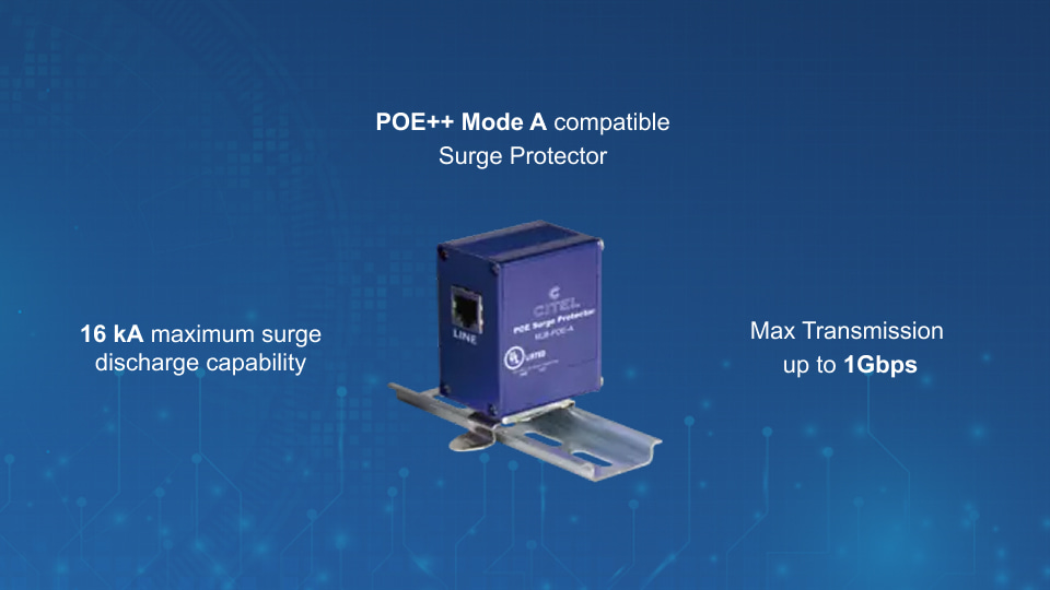 Citel MJ8-POE-A Indoor DIN Rail PoE surge suppressor with shielded RJ45 ports for 1000 Mbps networks, from Winncom Technologies.
