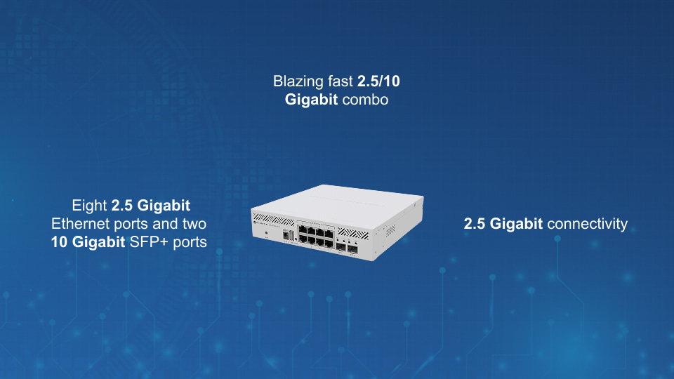 MikroTik CRS310-8G+2S+IN compact switch with 8× 2.5G ports, 2× 10G SFP+, dual-core CPU, and VLAN support, offered by Winncom Technologies.