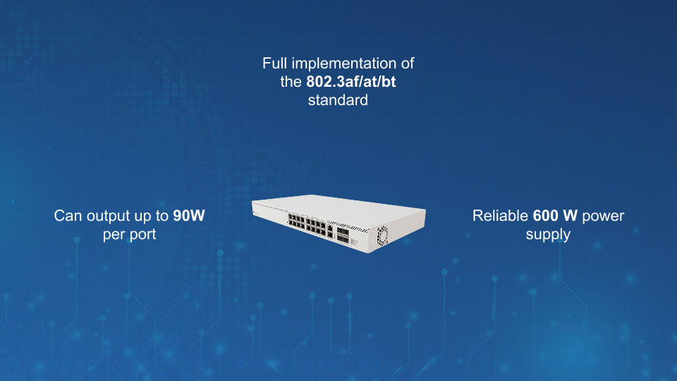 MikroTik CRS320-8P-8B-4S+RM PoE++ switch with 90W per port, 17 Gigabit ports, 4× 10G SFP+, and 600W PSU, offered by Winncom Technologies.