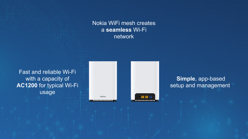 Nokia WiFi Beacon 1.1 dual-band Wi-Fi 5 mesh access point with EasyMesh, dual Gigabit Ethernet ports, and seamless roaming from Winncom Technologies.