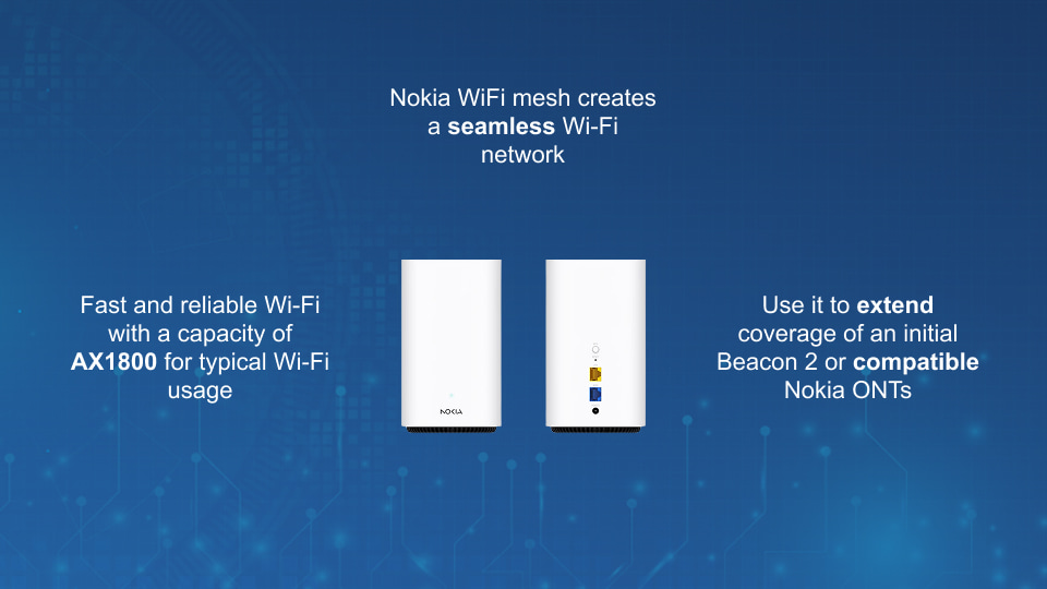 Nokia WiFi Beacon 2 dual-band Wi-Fi 6 mesh access point with EasyMesh, dual Gigabit Ethernet ports, and smart network optimization, from Winncom Technologies.