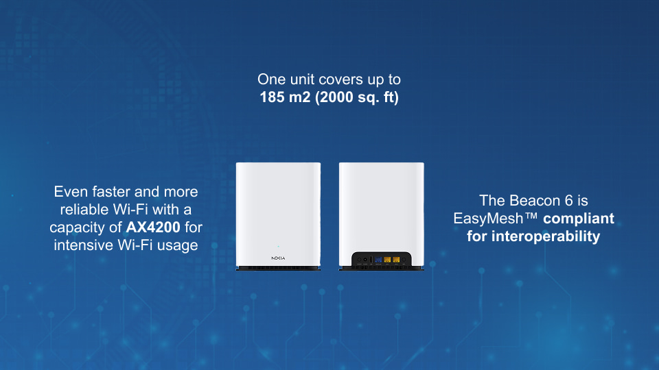 Nokia WiFi Beacon 6 tri-band Wi-Fi 6 mesh access point with EasyMesh, Gigabit LAN, and self-optimizing network features, available from Winncom Technologies.