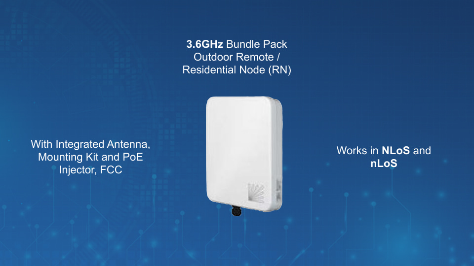 Tarana G1 3.6GHz Outdoor Remote/Residential Node with integrated antenna, mounting kit, PoE injector, FCC/CBRS, from Winncom Technologies.