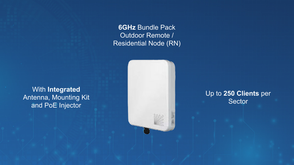Tarana G1 6GHz Outdoor Remote/Residential Node with integrated antenna, mounting kit, and PoE injector, FCC certified, from Winncom Technologies.