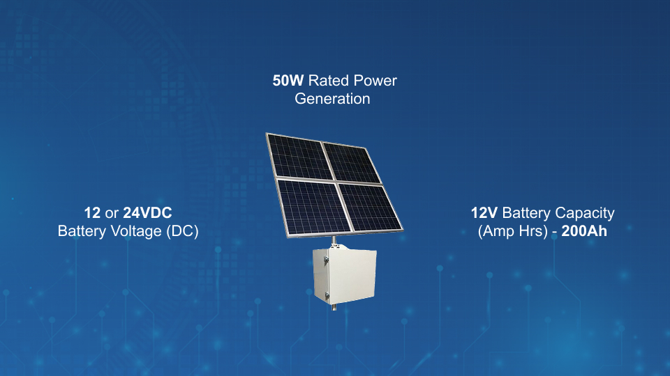 Tycon RPSTL24M-200-320 RemotePro 24V off-grid solar power system with MPPT controller, AGM battery, pole mount, from Winncom Technologies.