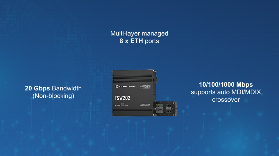 Teltonika TSW202 managed PoE+ Ethernet switch with 8 Gigabit ports, 2 SFP ports, Profinet support, and 30W PoE per port.
