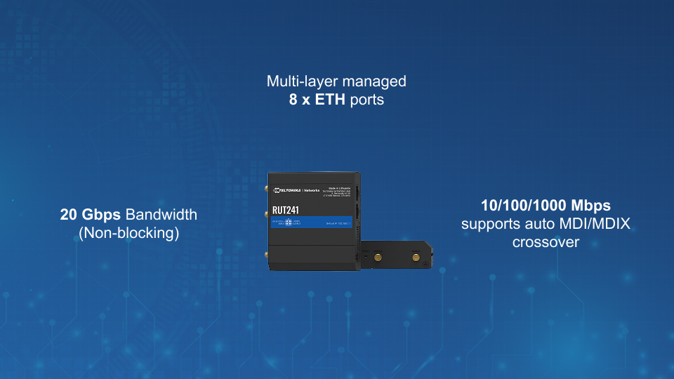 Teltonika RUT241 4G LTE router with Wi-Fi, dual Ethernet ports, auto-failover, and support for IoT and M2M automation solutions.