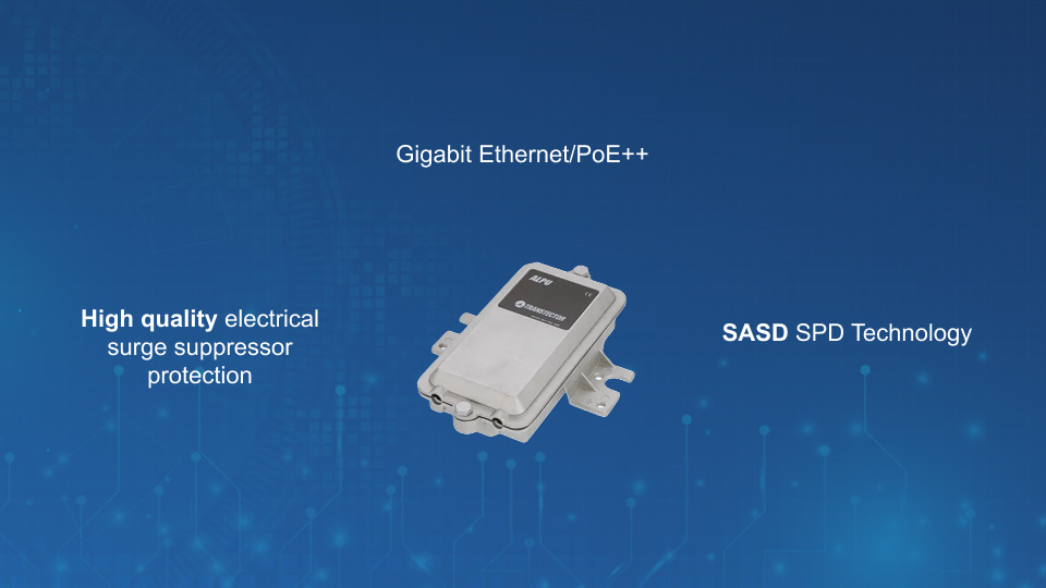 Transtector ALPU‑PTP‑M Gigabit PoE surge protector for high‑speed 10/1000BT networks, available via Winncom Technologies.