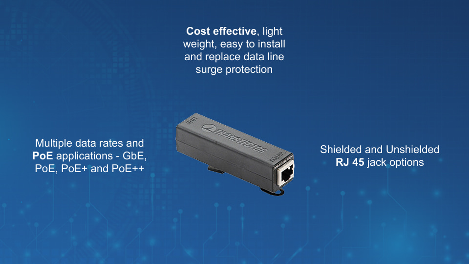 Transtector DPR‑Fit GbE PoE+ 60 VDC surge protector for network equipment, distributed by Winncom Technologies.