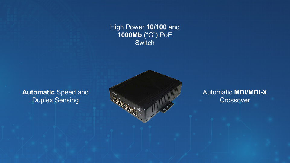 Tycon TP‑SW5G‑24 5‑port high‑power PoE switch with 70W total, 802.3at/af 48V PoE output, 10–36VDC input, from Winncom Technologies.