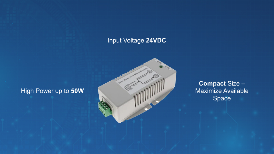Tycon TP‑DCDC‑2448GD‑HP 18–36VDC in 56VDC out 35W gigabit DC to DC converter with 802.3at PoE inserter, from Winncom Technologies.