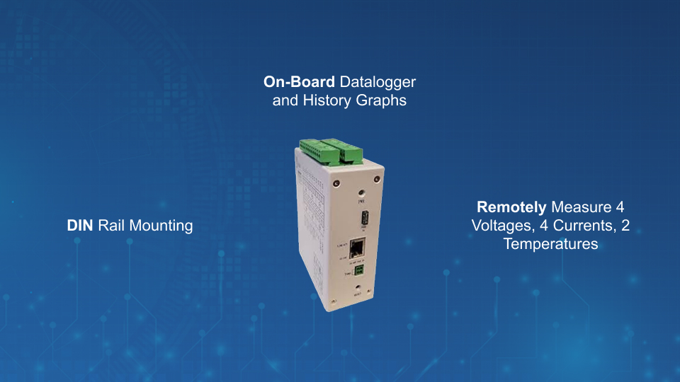 Tycon TPDIN-MONITOR-WEB2 PowerSens remote station monitor with WEB and SNMP access, 4 voltage and current inputs, from Winncom Technologies.