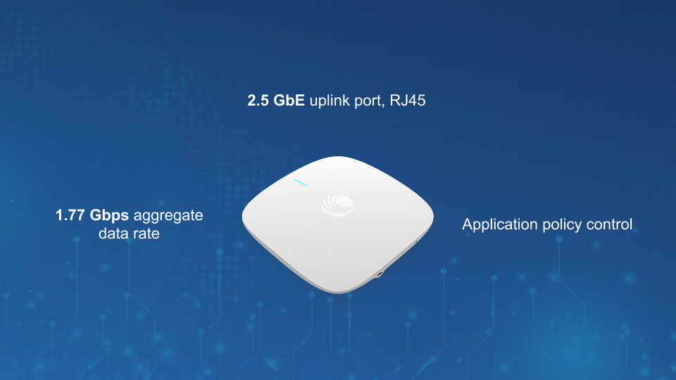 Cambium XV2-2 Wi-Fi 6 dual-radio 2x2 access point with 1.77 Gbps data rate, 2.5 GbE uplink, and app policy control from Winncom Technologies.