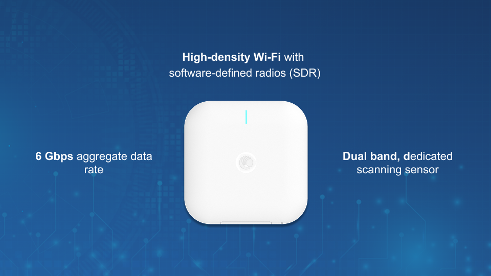 Cambium XV3-8 Wi-Fi 6 access point with five-radio architecture, 6 Gbps data rate, and dual-band scanning, from Winncom Technologies.