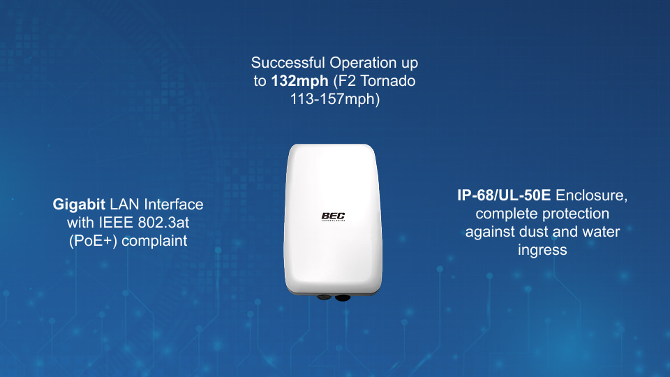 BEC 4900R21 LTE-A Pro CBRS Outdoor Router with LTE Advanced Pro CAT 12, MIMO high-gain antenna, and IP68 compact design, from Winncom Technologies.