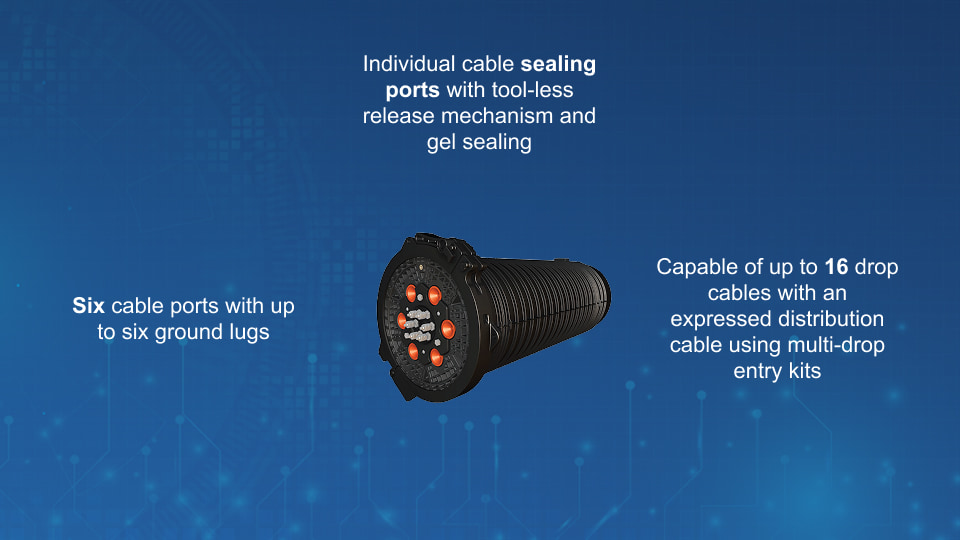 Apex X-2 / X-2S sealed splice closure for protecting optical fiber splices in above- or below-grade installations.