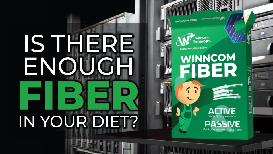 Winncom Fiber promotional ad with a cereal box design, highlighting active and passive fiber solutions.