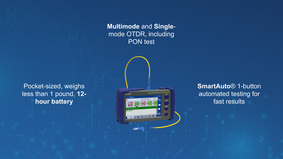 AFL FlexScan FS300 Quad OTDR for single-mode and multimode fiber testing with SmartAuto technology.