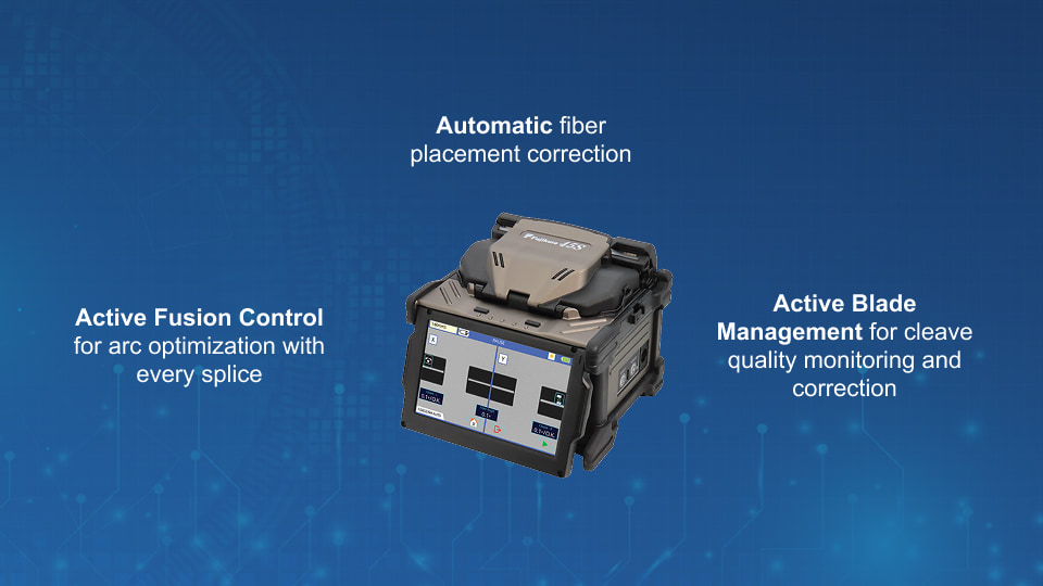 Fujikura 45S cladding alignment fusion splicer for small to mid-count fiber applications with dual-fiber loading.