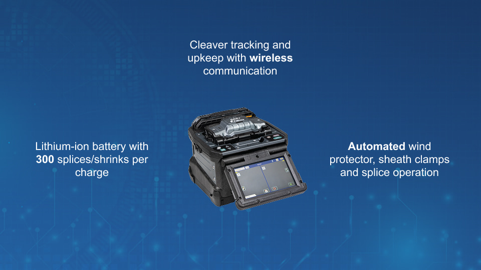 Fujikura 90S+ core alignment fusion splicer for fast, precise fiber optic splicing in field applications.